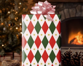 Holiday Harlequin Wrapping Paper - Luxury Pattern Vintage Holiday Gift Wrap Supplies
