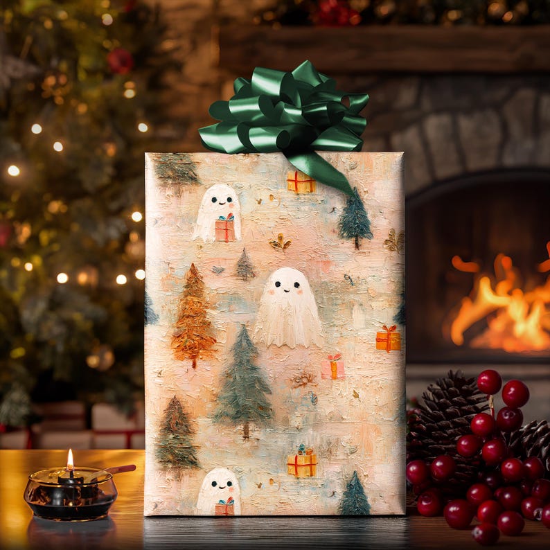 Cute Ghost Christmas Wrapping Paper - Pastel Oil Painting Holiday Gift Wrap for Kids, Spooky Cute or Aesthetic Christmas Gifts image 2