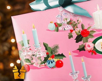 Retro rosa julklappspapper - Vintage julklappspapper med tårta, ljus och mid-century-stil