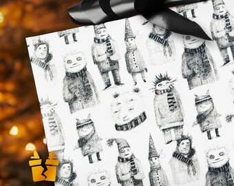 Christmas Creeps - Weird Dark Holiday Wrapping Paper with Sketchy Characters, Gothic Gift Wrap for Emo