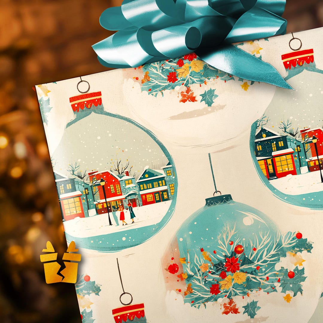 Snow Globe Christmas Wrapping Paper Vintage Village Gift Wrap With
