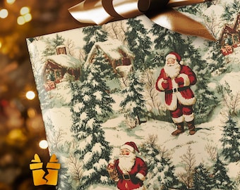 May include: A wrapped gift with a gold bow. The wrapping paper features a winter scene with Santa Claus figures and snow-covered trees and cabins. The bow is made of a shiny, gold material.