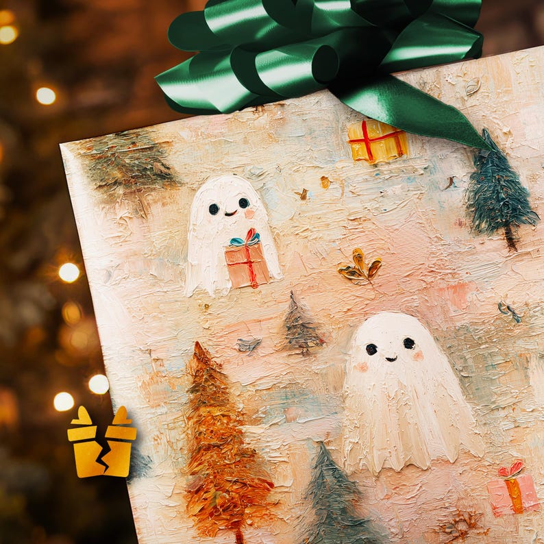 Cute Ghost Christmas Wrapping Paper - Pastel Oil Painting Holiday Gift Wrap for Kids, Spooky Cute or Aesthetic Christmas Gifts image 4