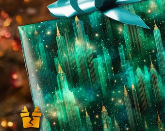 Papier do pakowania prezentów świątecznych Emerald Peaks – Wicked Green Crystal Fantasy, inspirowany czarownicą