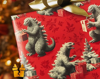 Funny Godzilla Christmas Wrapping Paper - Unique Holiday Gift Wrap for Monster Fans, Movie Lovers, and Kaiju Collectors