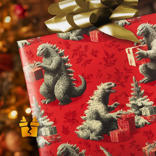 Funny Godzilla Christmas Wrapping Paper - Unique Holiday Gift Wrap for Monster Fans, Movie Lovers, and Kaiju Collectors