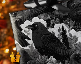 Raven Christmas Wrapping Paper - Murder in the Pines Gothic Raven and Forest Gift Wrap, Dark Nature Art for Unique Holiday Packaging