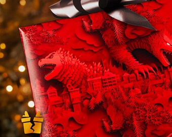 Godzilla Christmas Wrapping Paper - Paper Origami Funny Cute Kaiju Holiday Gift Wrap with Japanese Monster City Dinosaur
