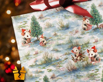 Watercolor Possum Christmas Wrapping Paper - Cute Woodland Opossum Animal Holiday Gift Wrap with Santa Hats and Trees