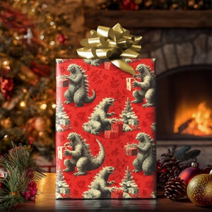 Papel de regalo navideño divertido de Godzilla: un regalo navideño único para fanáticos de los monstruos, amantes del cine y coleccionistas de kaiju. imagen 2