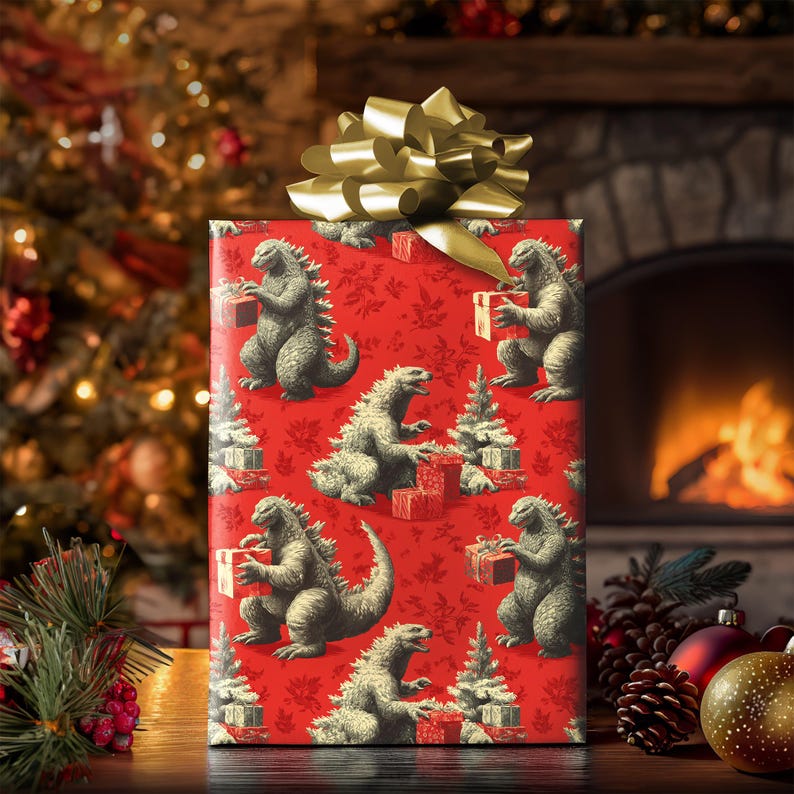 Papel de regalo navideño divertido de Godzilla: un regalo navideño único para fanáticos de los monstruos, amantes del cine y coleccionistas de kaiju. imagen 2