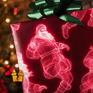 May include: A wrapped gift with red wrapping paper featuring a repeating neon red Santa Claus design. The gift is topped with a large green bow. The background is blurred with Christmas lights.