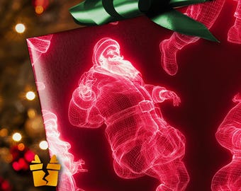 May include: A wrapped gift with red wrapping paper featuring a repeating neon red Santa Claus design. The gift is topped with a large green bow. The background is blurred with Christmas lights.