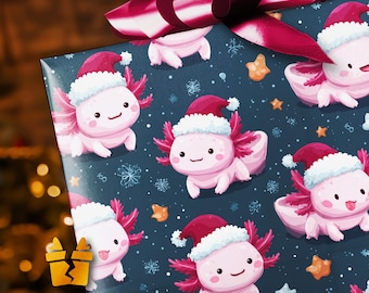 May include: A wrapped gift with a dark blue patterned paper featuring cartoon axolotls wearing Santa hats. The gift is decorated with a burgundy bow. The axolotls are pink and have a happy expression.