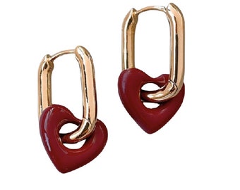 Lou Gehrigs Support ALS Jewelry Red Heart Charm Hoop Earrings Gold tone