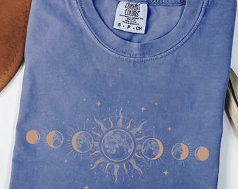 Celestial Moon Phase Comfort Colors Shirt, Boho Sun Tee