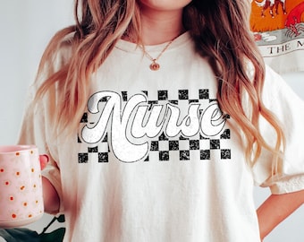 Checkered Nurse Shirt, Comfort Colors RN Tee