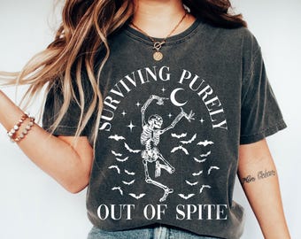 Surviving Purely out of Spite Comfort Colors® Shirt, Funny Goth Celestial Skeleton and Bats Shirt, Bat Lover Gothic Boho Garment Dyed Tshirt