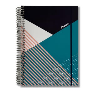 May include: A spiral-bound planner featuring a geometric cover design with black, teal, and white triangular sections. The cover includes diagonal pink stripes and white polka dots, with the word Planner printed in white on the black section.