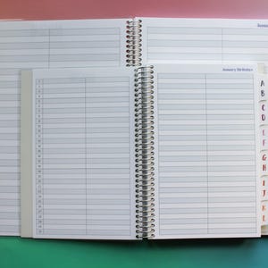 a spiral-bound notebook with two pages, one of which has a list of names and dates, and the other has a list of letters and numbers. The notebook appears to be used for tracking birthdays and is placed on a colorful background.