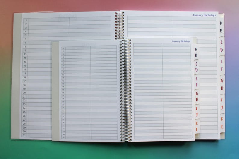 a spiral-bound notebook with two pages, one of which has a list of names and dates, and the other has a list of letters and numbers. The notebook appears to be used for tracking birthdays and is placed on a colorful background.