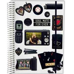 May include: A white spiral-bound notebook with various decorative elements. Includes a digital camera with a photo, a flip phone, a lighter, playing cards, and heart-shaped embellishments. Text includes "SOUL MATE FOR EVER", "I ♡ U", and "ETERNAL".