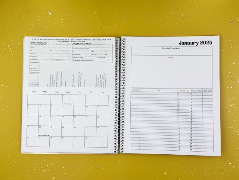 a calendar is open on a yellow surface