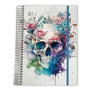 May include: A white skull with a watercolor design of flowers and leaves in shades of blue, green, pink, and purple. The skull is surrounded by a colorful watercolor background.