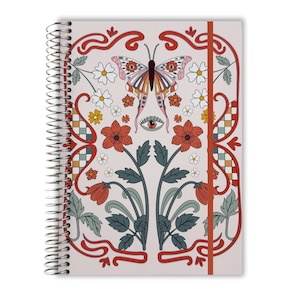 May include: Spiral-bound notebook with a colorful butterfly and floral design. The cover features a butterfly with orange, pink, and brown wings, surrounded by flowers and decorative red accents. A red elastic band secures the notebook.