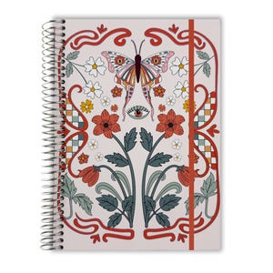 May include: Spiral-bound notebook with a colorful butterfly and floral design. The cover features a butterfly with orange, pink, and brown wings, surrounded by flowers and decorative red accents. A red elastic band secures the notebook.