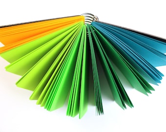 May include: A colorful notepad with pages fanned out in a semi-circle. The pages are in shades of orange, green, and blue, held together by a silver metal ring. The notepad has a dark brown cover.