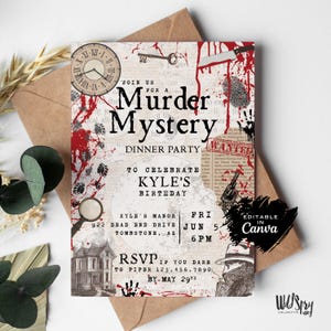 Invitation fête mystère meurtre | Faire-part 5 x 7 imprimables modifiables sur Canva