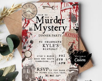 Inbjudan till mordmysteriefest | Utskrivbar 5x7-inbjudan, redigerbar i Canva
