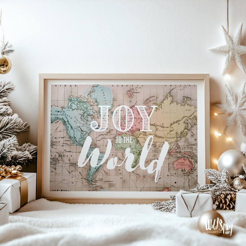 Colorful World Map Christmas Print: Joy to the World Holiday Artwork