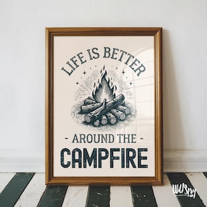 Impression d'art feu de camp : décoration murale d'aventure en plein air rustique, téléchargement numérique PDF