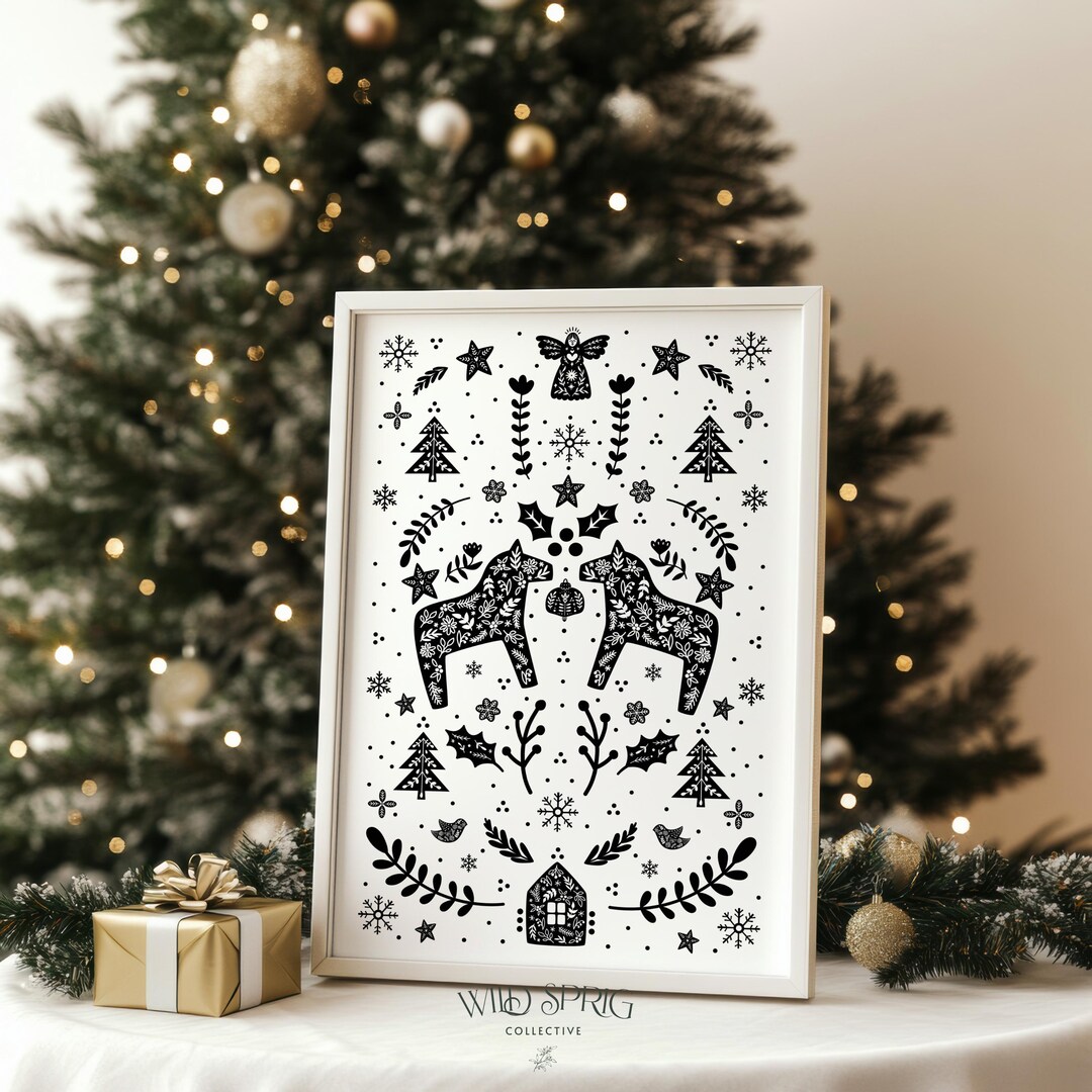 Scandinavian Christmas Print | Black &amp; White Nordic Folk Art | Instant Download Christmas ...
