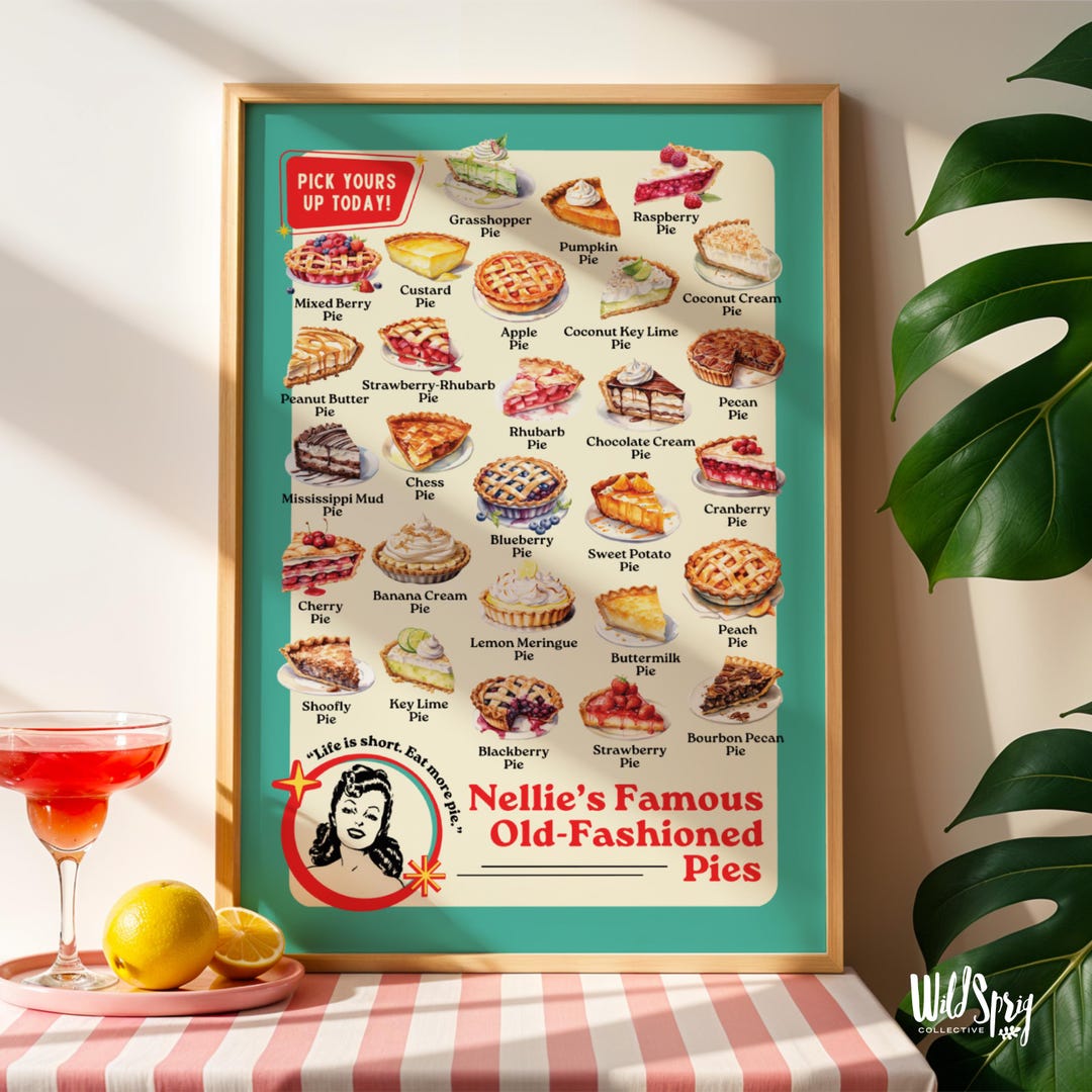 kitchen wall art set retro pie vintage printable... Retro Pie Poster - Vintage Style Kitchen Print for Food Lovers & Bakers ...