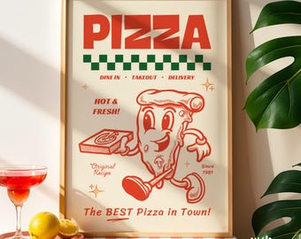 Retro Pizza Poster • Whimsical 80s Printable Kitchen Art • Instant Digital Download