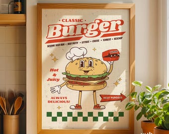 Póster de hamburguesa retro: Arte mural para restaurante, descarga instantánea en PDF para decorar la cocina.