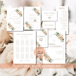 Bloemen boho-bruidssuite | Bewerkbare bruiloftsjabloon | Aanpasbaar briefpapier | Uitnodigen Save the Date Plaatskaart Menudetails Bordje zitplaatsen
