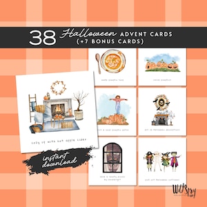 Può includere: Biglietti del calendario dell'Avvento di Halloween con 38 biglietti e 7 biglietti bonus. I biglietti presentano illustrazioni ad acquerello di attività di Halloween, tra cui la preparazione della zuppa di zucca, l'intaglio delle zucche e la scelta dei costumi.