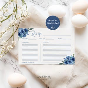 Tarjetas de recetas boho azules / Tarjetas de recetas en blanco de 4 x 6 / Instrucciones de comidas florales / Preparación de comidas en la cocina / Recuerdo de cocina / Archivo PDF imprimible