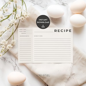 Tarjetas de recetas neutrales minimalistas / Plantilla de tarjeta de recetas en blanco de 4x6 / Preparación de comidas sencillas en la cocina / Recuerdo de cocina / Tamaños de impresión ISO de 8,5x11 y A4
