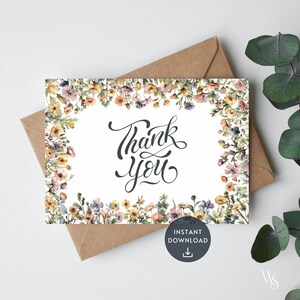 carte de remerciements florale vintage | Merci fantaisiste | Carte de voeux vierge | Fleurs sauvages à l'aquarelle | Téléchargement instantané | Imprimable 6 x 4 ou 7 x 5