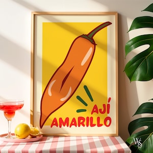 Impresión de póster de ají amarillo / Arte de cocina peruana / Arte mural de cocina peruana / Decoración de cocina de pimiento amarillo imprimible / Póster de comida colorido