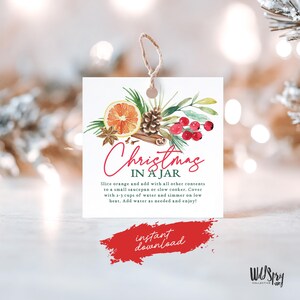 Pode incluir: Uma etiqueta quadrada branca com o texto "Christmas in a Jar" em escrita vermelha. A etiqueta apresenta ilustrações em aquarela de uma fatia de laranja, pinha, paus de canela e bagas. As palavras "instant download" estão em uma faixa vermelha.