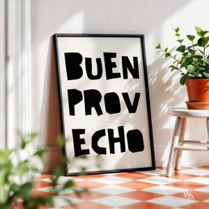 Póster "Buen Provecho" / Impresión ecléctica de cocina moderna / Arte mural tipográfico / Decoración de pared de cocina retro imprimible / Póster español "Bon Appétit"