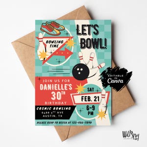 Retro Bowling Birthday Invitation: Printable Party Template (5x7 Canva Template)