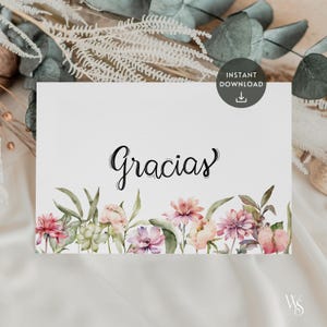 Cartão de agradecimento floral espanhol | Tarjeta de Gracias con Flores | Cartão de felicitações em branco | Saudação com flores silvestres em aquarela | Imprimível 6x4 ou 7x5