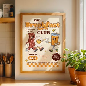 Impresión de póster de Breakfast Club / Impresión de arte de cocina vintage / Póster estilo años 80 / Arte de pared de galería / Decoración de cocina retro / Decoración de pared imprimible